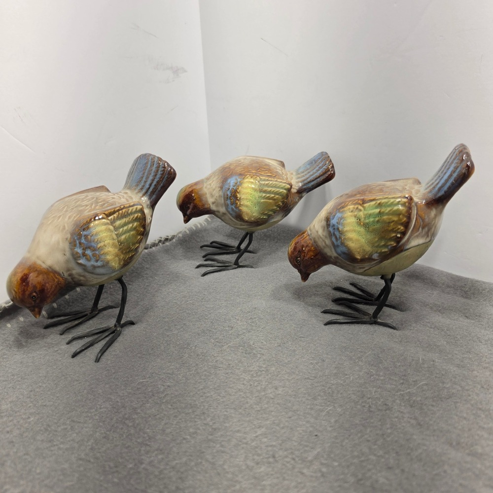 Set of 3 Ceramic Bird Figurines with Metal Legs Glossy Glazed Rustic Decor